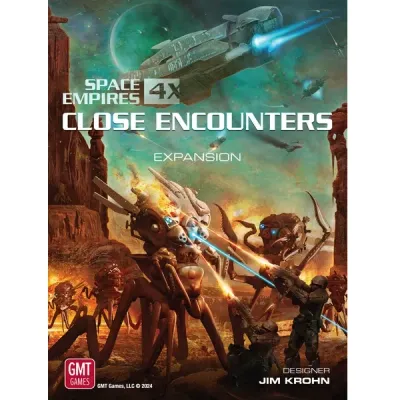 Space Empires: Close Encounters expansion box front with soldiers battling alien walkers under spaceships.