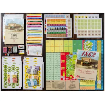 1862: Railway Mania in the Eastern Counties components with board, tiles, cards, money, tokens, and rulebook.