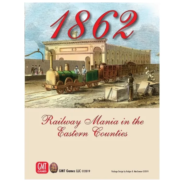 1862: Railway Mania in the Eastern Counties box front with early train at a railway station.