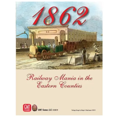 1862: Railway Mania in the Eastern Counties box front with early train at a railway station.