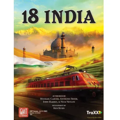 18 India box front with red train, Indian flag, Taj Mahal, and mountains in the background.