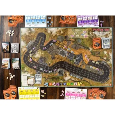 Apocalypse Road game in progress with race board, car tokens, cards, and player mats.