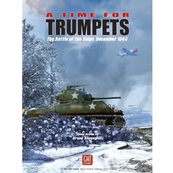 A Time for Trumpets box front with U.S. tank advancing through snowy Ardennes battlefield.