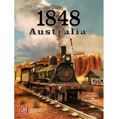 1848: Australia box front with steam train crossing an arid Australian landscape.