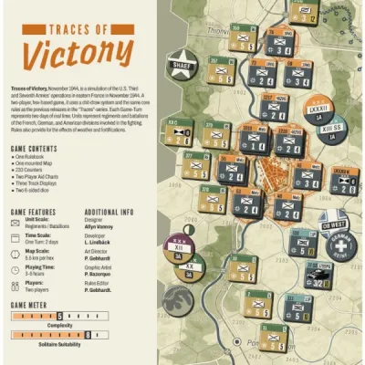 Traces of Victory box back with contents, features, game meter, counters, and map preview.