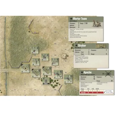 Modern Tactics Afghanistan map with unit counters and support cards for mortars, Stryker, and Apache.