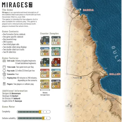 Mirages box back with game contents, features, counter samples, game meter, and North Africa map preview.