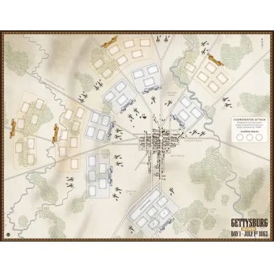 Game board for Gettysburg Solitaire Day 1, showing Gettysburg roads, hills, creeks, and troop positions.