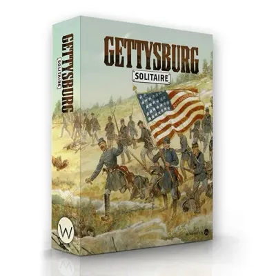 Box cover for Gettysburg Solitaire, showing Union troops carrying the U.S. flag during the Civil War.