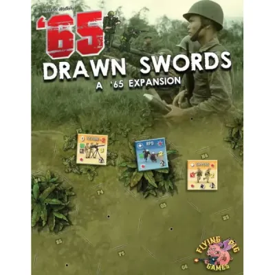 Cover for ’65: Drawn Swords Expansion, showing a Vietnam War soldier, jungle terrain, tanks, and unit counters.
