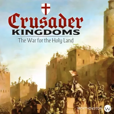 Box cover for Crusader Kingdoms, showing Crusader forces attacking a fortified city in the Holy Land.