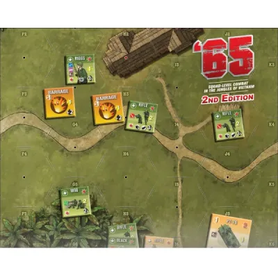 Vietnam jungle game map with road, village, and unit counters including rifle squads and barrage markers.