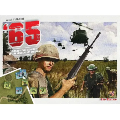 Cover for ’65 2nd Edition, showing Vietnam War soldiers, helicopters, jungle terrain, and unit counters.