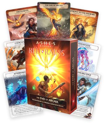 The End of Argaia box with Phoenixborn and Chimera cards for Ashes Reborn Red Rains.