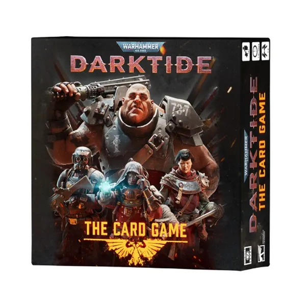 Warhammer 40,000: Darktide - The Card Game box front featuring the four playable classes: Veteran, Zealot, Ogryn, and Psyker.