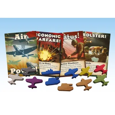 WW2 Quartermaster General: Total War expansion cards, Air Force pieces, army pieces, navy pieces, and markers.
