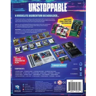 Unstoppable box back showing card crafting, player mats, components, and solo/co-op deck-building gameplay.