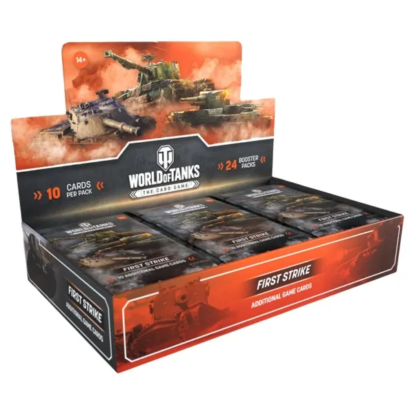 World of Tanks: The Card Game First Strike booster display with 24 sealed booster packs and tank artwork.