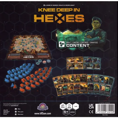Knee Deep in Hexes components showing hex board, unit miniatures, cards, tokens, and player pieces.