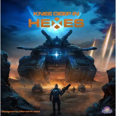 Knee Deep in Hexes board game cover showing a massive sci-fi tank on a desert battlefield.