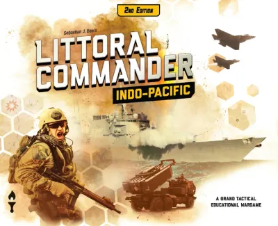 Littoral Commander: Indo-Pacific Second Edition box front with soldier, warship, aircraft, and missile launcher artwork.