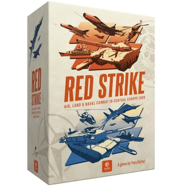 Red Strike box front showing stylised NATO and Warsaw Pact aircraft, helicopters, and tanks.