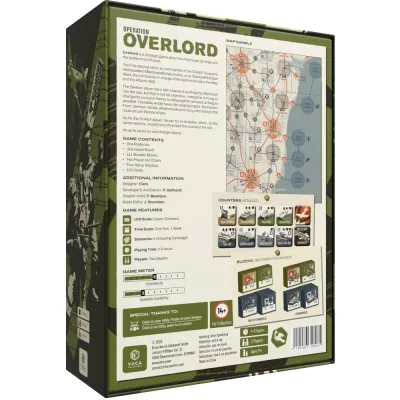 Operation Overlord box back with Normandy map sample, counter examples, game contents, and features.