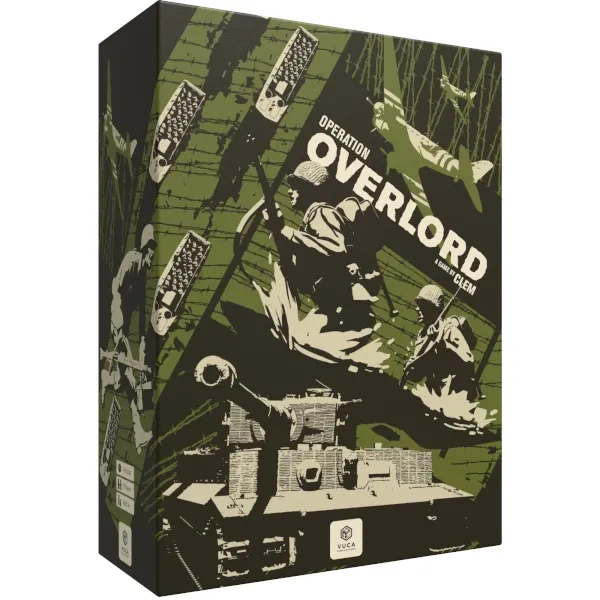 Operation Overlord box front with stylised D-Day landing craft, soldiers, aircraft, and tank artwork.