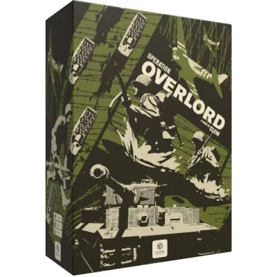Operation Overlord box front with stylised D-Day landing craft, soldiers, aircraft, and tank artwork.