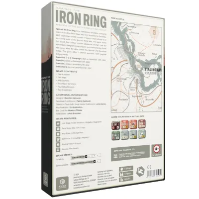 Back cover showing map sample, component details, game features, and Against the Iron Ring branding.