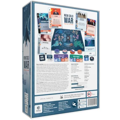 New Cold War box back showing card examples, map board preview, contents, and game features.
