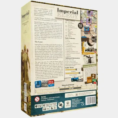 Imperial Elegy box back with game description, card examples, contents, and feature overview.