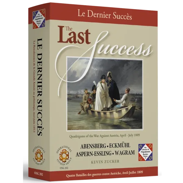 The Last Success box front with Napoleon in a boat and battles Abensberg, Eckmühl, Aspern-Essling, and Wagram.