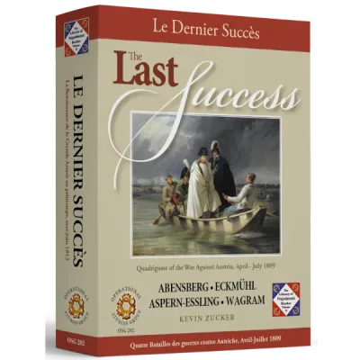 The Last Success box front with Napoleon in a boat and battles Abensberg, Eckmühl, Aspern-Essling, and Wagram.
