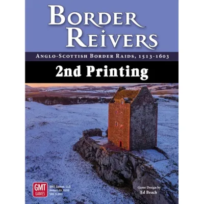 Border Reivers 2nd Printing box front showing a fortified tower in a snowy Anglo-Scottish border landscape.