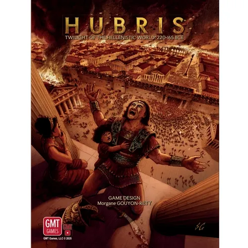 Hubris box front showing a dramatic burning Hellenistic city scene with GMT Games branding.