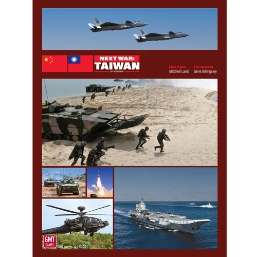 Next War: Taiwan 2nd Edition box front with aircraft, amphibious landing, helicopter, missile, and naval imagery.