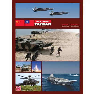 Next War: Taiwan 2nd Edition box front with aircraft, amphibious landing, helicopter, missile, and naval imagery.