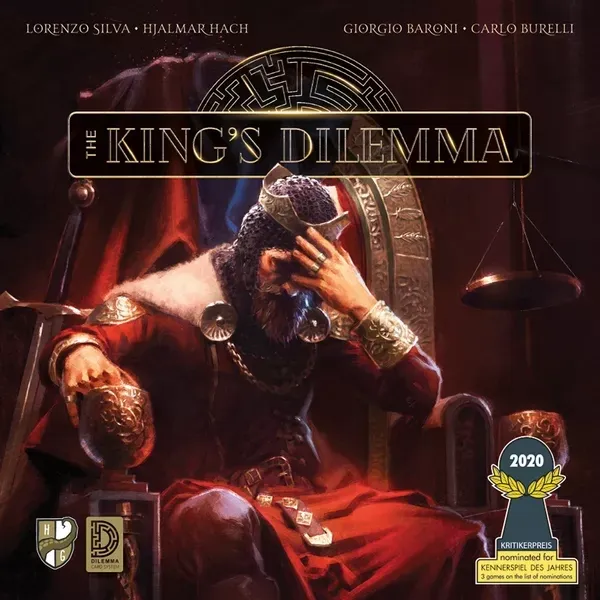 The King’s Dilemma box front showing a troubled king seated on a throne.