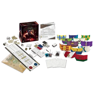 The King’s Dilemma components overview with house screens, cards, tokens, boards, rulebook, and box.