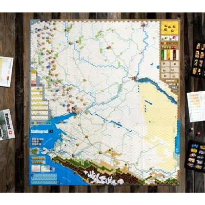 Stalingrad ’42 mounted map set up with counters across southern Russia and the Caucasus.