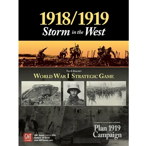 1918/1919: Storm in the West box front with World War I soldiers, tank imagery, and Plan 1919 campaign note.