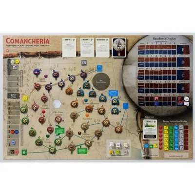 Comanchería game board set up with map, counters, cards, and ranchería display.