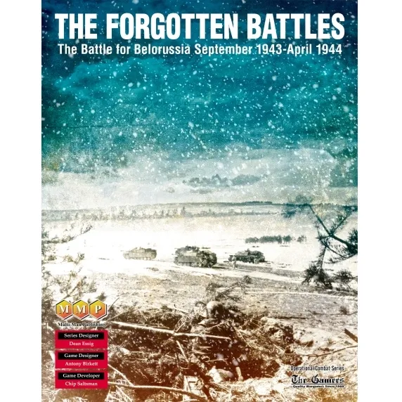 The Forgotten Battles box front showing winter Eastern Front artwork and subtitle The Battle for Belorussia, 1943–1944.