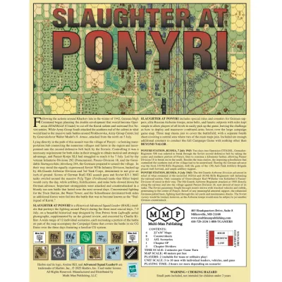 Slaughter at Ponyri back cover with historical map detail, scenario descriptions, counters, contents, and game meter.