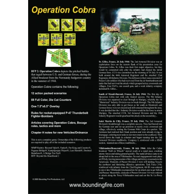 Operation Cobra back cover with scenario descriptions, counters, overlay, and Normandy bocage battle details.