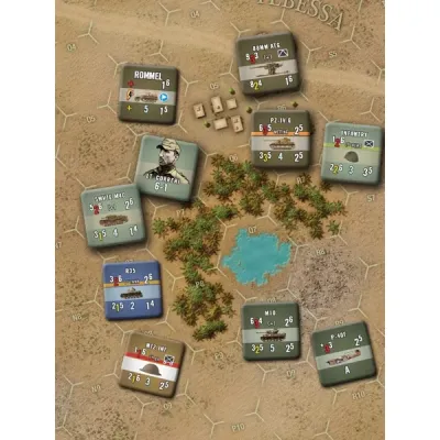 Desert Heat gameplay close-up showing North African platoon-level units around a desert oasis.