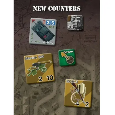 Enemy at the Gates counters overview showing new vehicles, weapons, terrain markers, and sewer counter.
