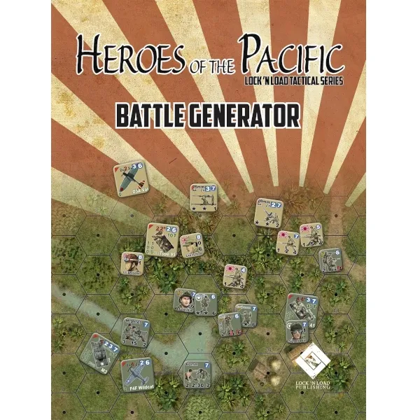 Heroes of the Pacific Battle Generator cover showing Pacific tactical map artwork with counters and rising sun background.