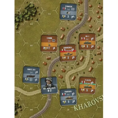 Stalin’s Triumph gameplay close-up showing platoon-level German and Soviet units near Khar’kov.